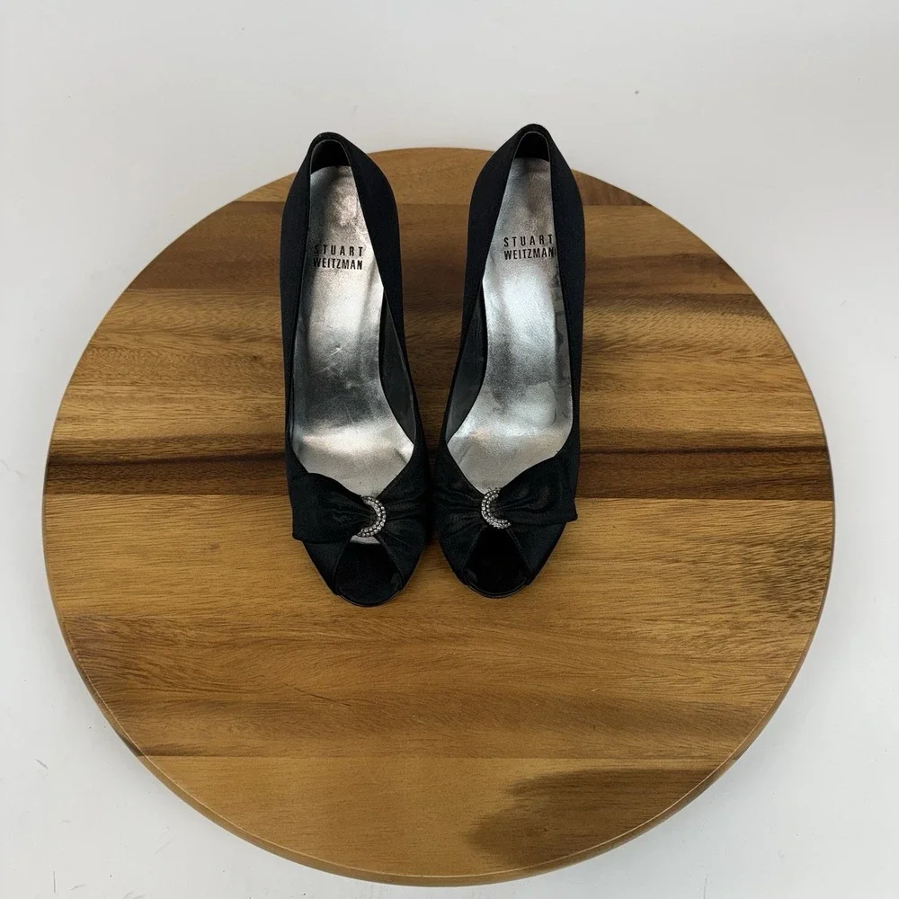 Womens Stuart Weitzman Black‎ Satin Rhinestone Bow Peep Toe Pumps Heels Size 7 M